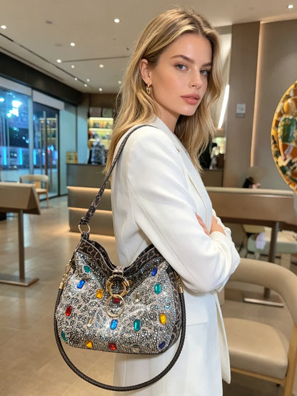 Bolso de Lujo de Cuero Genuino para Mujer, Portátil, de Gran Capacidad, con Diamantes, Tipo Tote, de Hombro, Bandolera, Estilo Cubo, Moda 2026