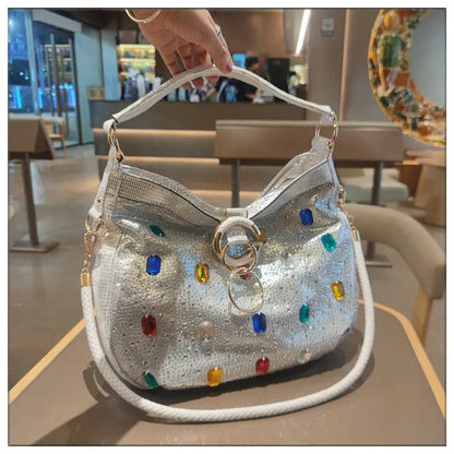 Bolso de Lujo de Cuero Genuino para Mujer, Portátil, de Gran Capacidad, con Diamantes, Tipo Tote, de Hombro, Bandolera, Estilo Cubo, Moda 2026